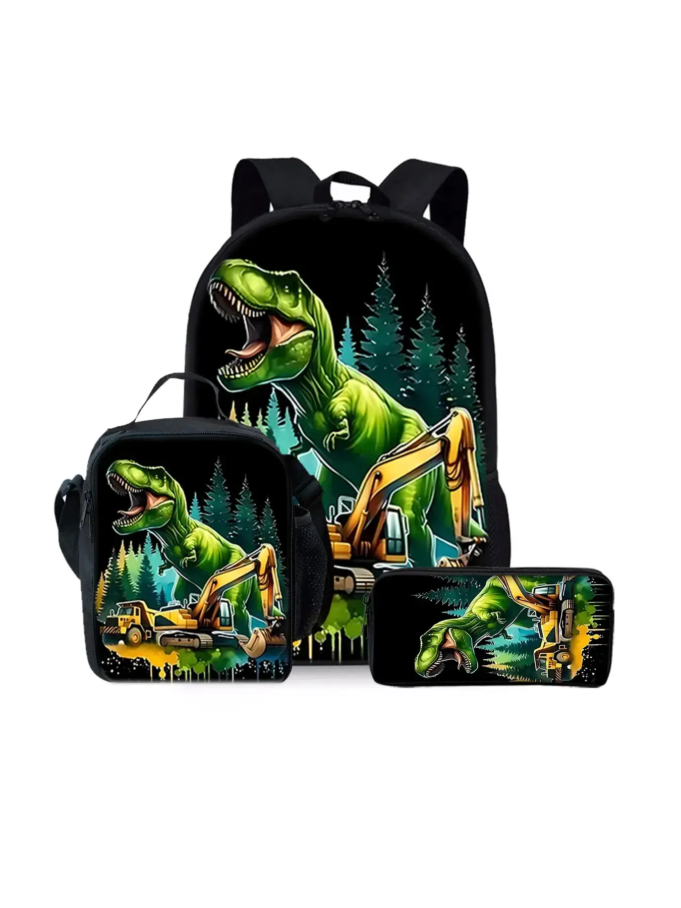 Dinosaur Pattern Printed Backpack Set - 17" Single-Layer School Bag + Shoulder Strap Lunch Kit & Pencil Pouch - Durable Student Gear