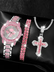 Women's Elegant Fashion Watch & Matching Jewelry Set, Including Round Dial Analog Quartz Watch & Bracelet & Pendant Necklace, Trendy All-match & Exquisite Jewelry Set for Birthday Gift
