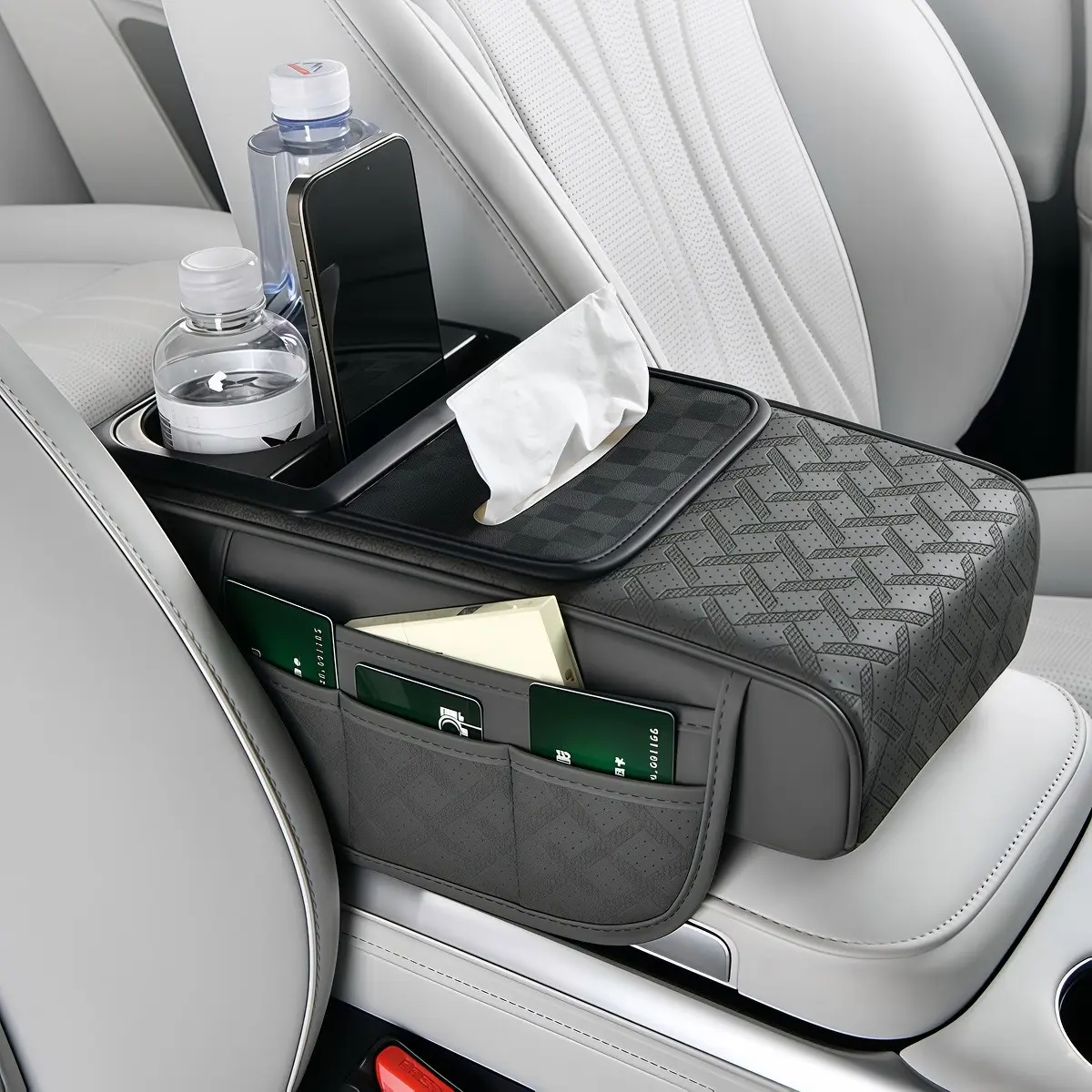 5 in 1 NAPA Leather Car Armrest Cover 14.2x5.5x3 inch with 2 Cup Holders Phone Mount Multi-pocket Bags Tissue Box Universal for 99% Cars SUVs Trucks Pickup