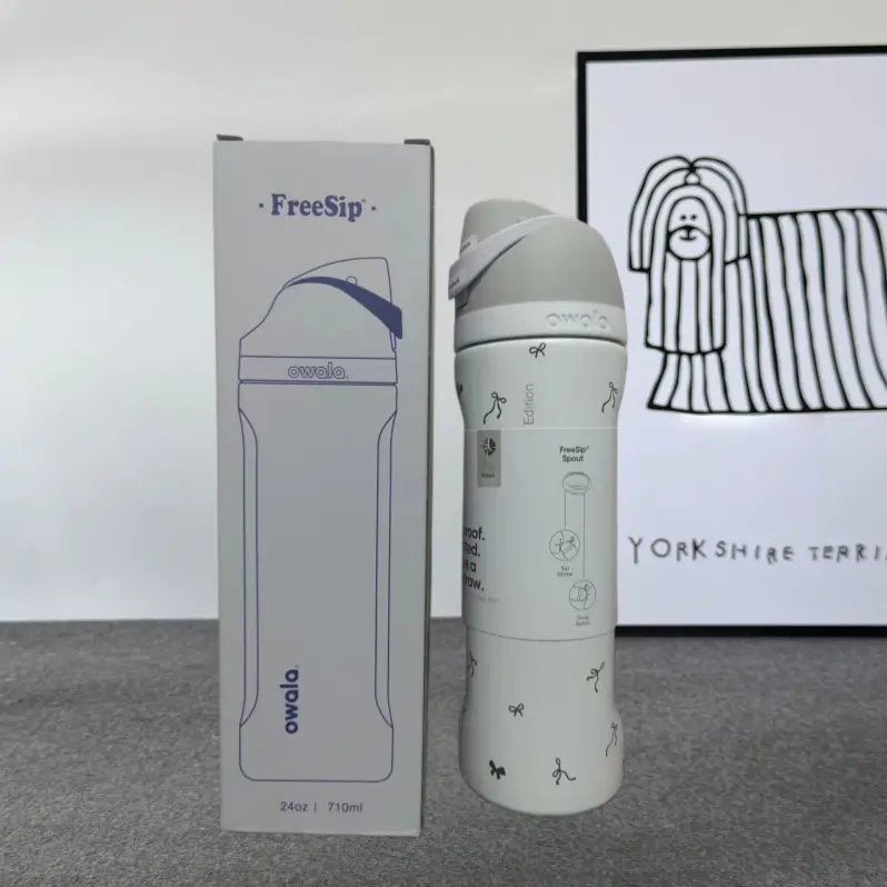 Owala White Bow FreeSip Water Bottle 24oz Insulated Stainless Steel Cute Bow Design Travel Tumbler