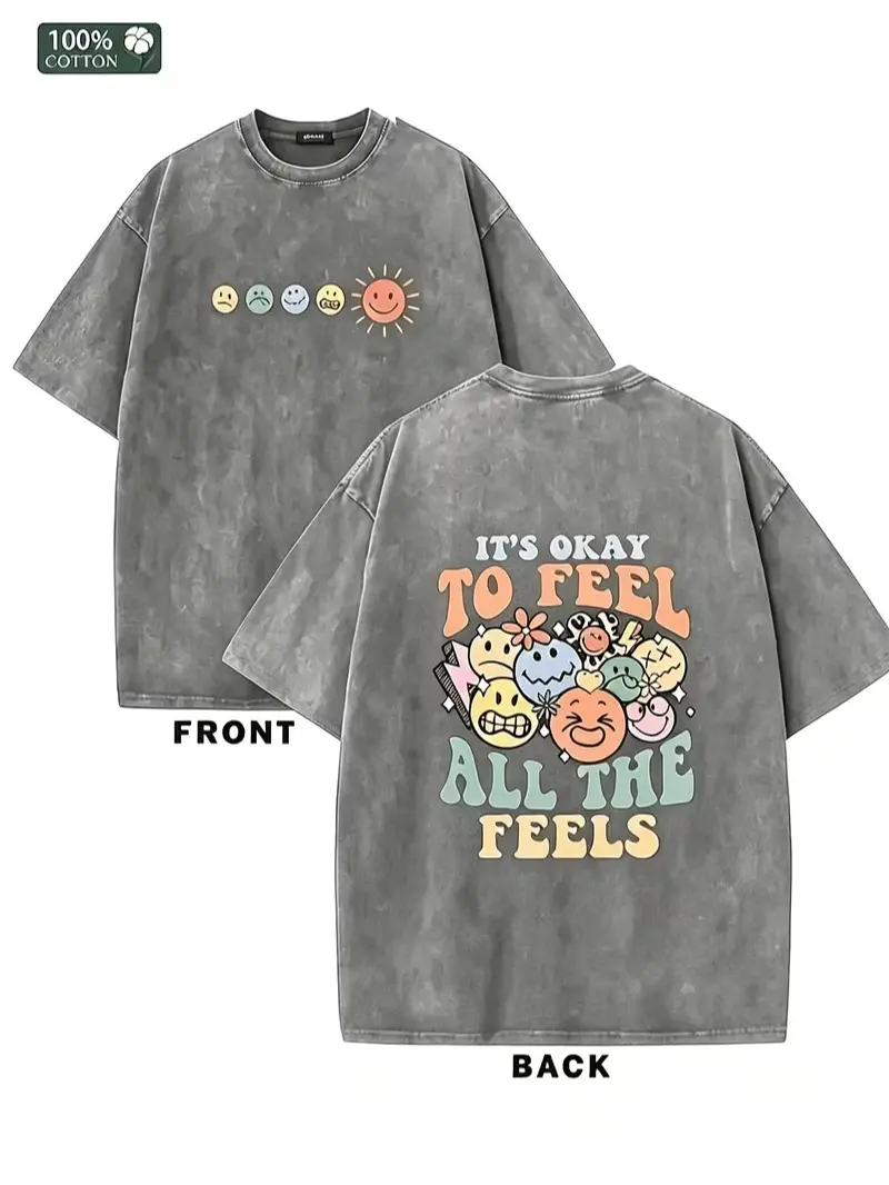 Vintage Washed "It's Okay to Feel All the Feels" Double-Sided Graphic T-Shirt, 230gsm Heavyweight Mental Health Streetwear, Unisex Oversized Crewneck High-Quality Cotton Casual Tee for Men & Women