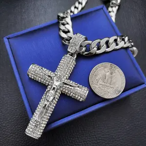 Men's Crucifixion of Jesus Cross CZ Religious Pendant & 10mm 18" 20" 24" 30" Cuban Chain Hip Hop Style Religious Necklace Jewelry