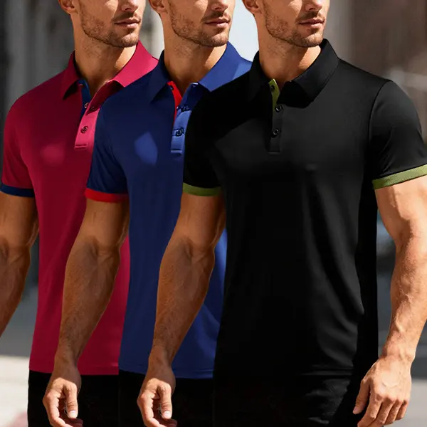 Men’s 3-Pack Color-Block Spandex Polo Shirts, Quick-Dry Breathable Wrinkle-Resistant Fabric, Slim Shortsleeve Fit, Patchwork Placket & Cuffs, Plain Base, Versatile for Business Casual & Golf, Quick Dry Polo Shirts, Stretchy Polo Shirts