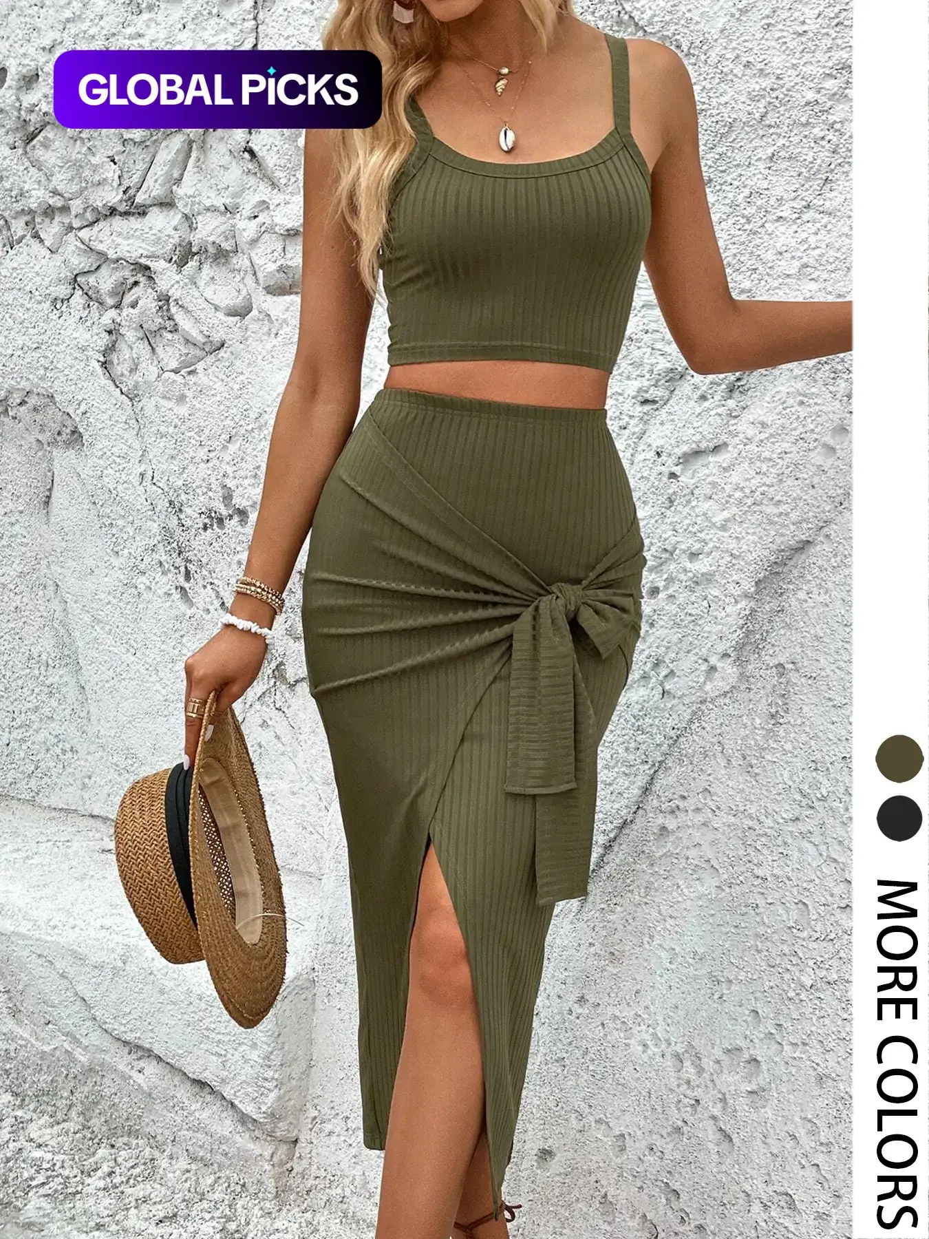 Women's Solid Ribbed Wrap Skirt Set, Casual Crop Cami Top & Knot Front Split Skirt, Ladies Clothes for Summer, Stretchy Outfit Sets