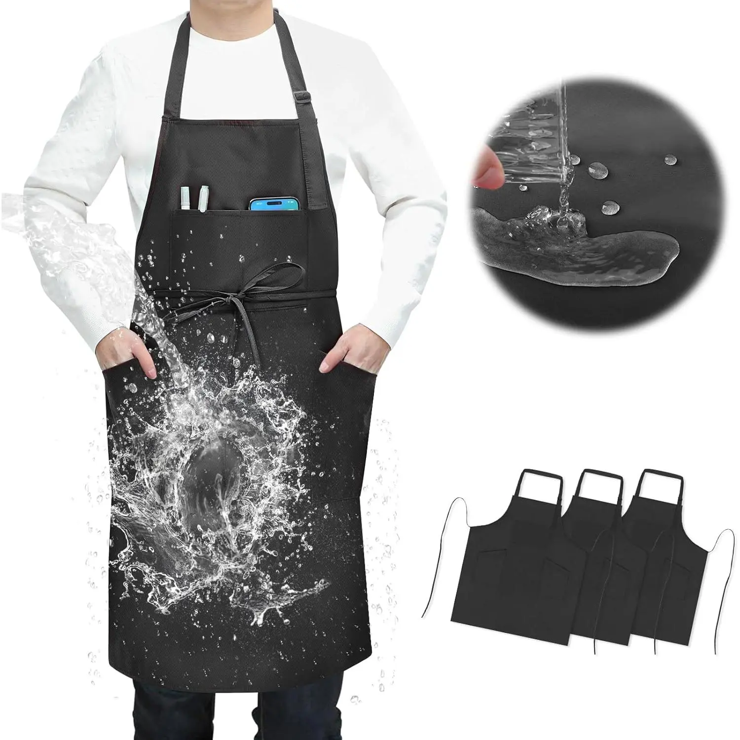 Unisex 3-Piece Plain Kitchen Chef Bib Aprons with 4 Pockets - Waterproof, Oilproof, Anti-Tear, Lightweight, Adjustable Tie Strap, Washable - Ideal for Cooking, Art - Birthday, Father's Day Home Care Gift (Black), 33" L X 28" W