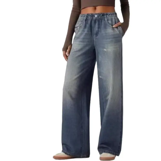 Mid Rise Denim Print French Terry Casual Sweatpants Jeans with Pockets