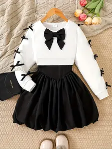 Girls' Sweet Two-Piece Set Long Sleeve Sweatshirt with Big Bowknot + Puffy Skirt, Ribbon Trim, Princess Style, Back-To-School Essentials, Cute Clothing Set