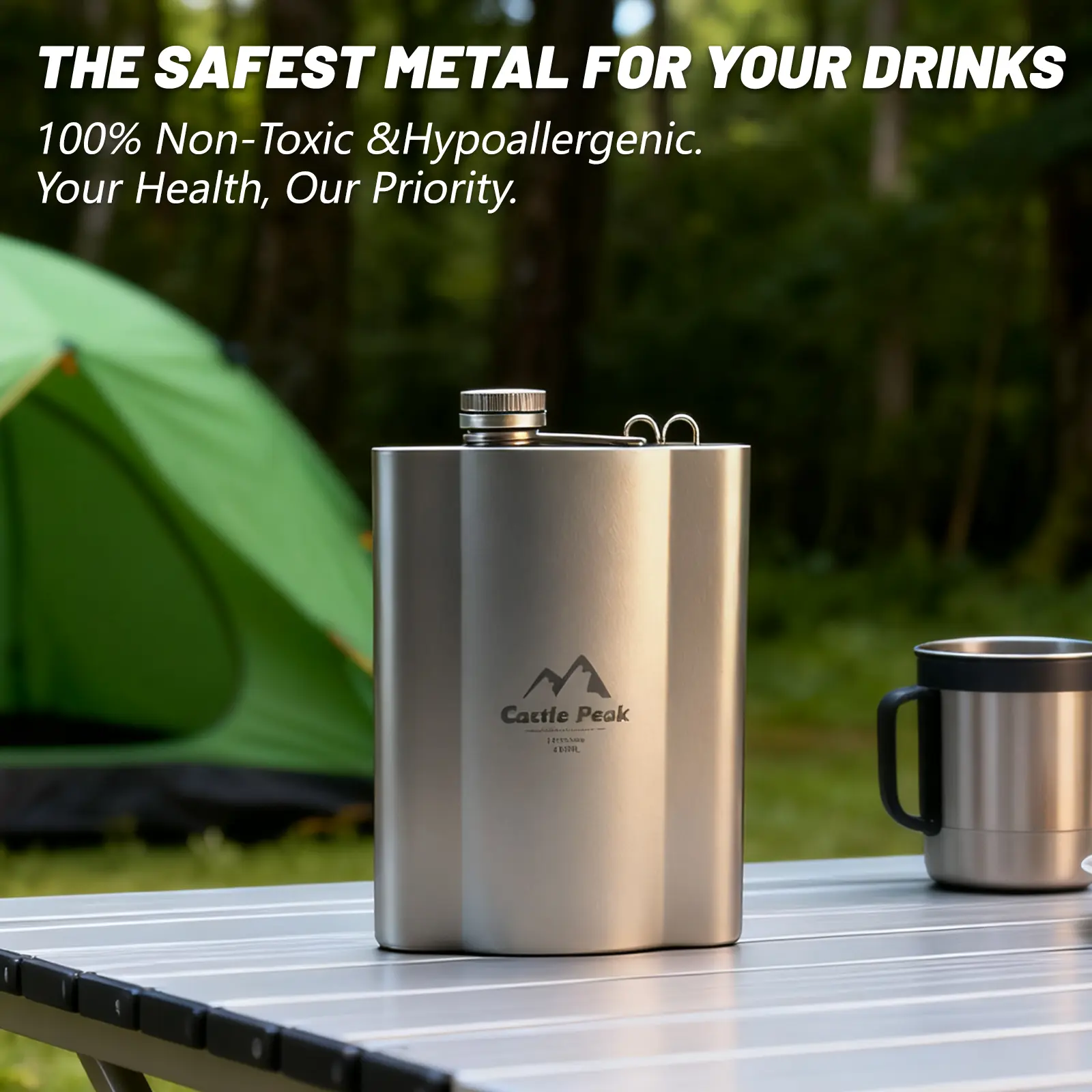 Castle Peak Titanium Hip Flask - Ultra-Flat, Leak-Proof, Taste-Free, Portable Pocket Flask with Free Metal Funnel, Stainless Steel Foldable Cup & Camping Burner for Outdoor Camping Hiking, Durable Daily Carry Drinkware
