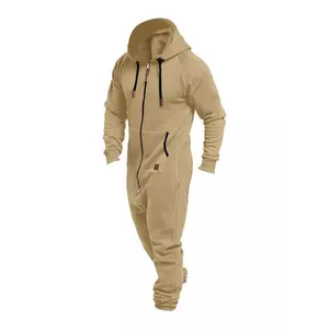 Men's Thermal Fleece Lined Hooded Jumpsuit with Pockets, Full Zipper, Long Sleeves, Adjustable Drawstring, Brown Workwear, Comfortable Sportswear