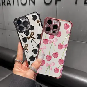 Cherry Leopard Print Bow Pattern Four-Corner Shockproof Plating Phone Case, Compatible with iPhone Samsung Galaxy S26 S25 S24 S23 17 Air 16 Pro Max 15 14 Plus 13 12 11 XR XS