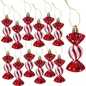 12 Red and White Candy Cane Christmas Decoration Set - Glossy Plastic Hanging Tree Ornaments with Gold Hats, Candy Shape, Battery-Free,  Suitable for Christmas Trees, Garlands, String Lights, and Holiday Party Decorations