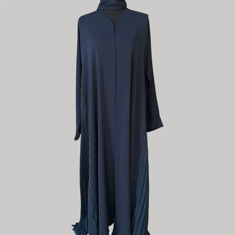 Elegant Navy Pleated Abaya with Crystal Embellishments - Loose Fit Floor Length for Weddings Eid Formal Events