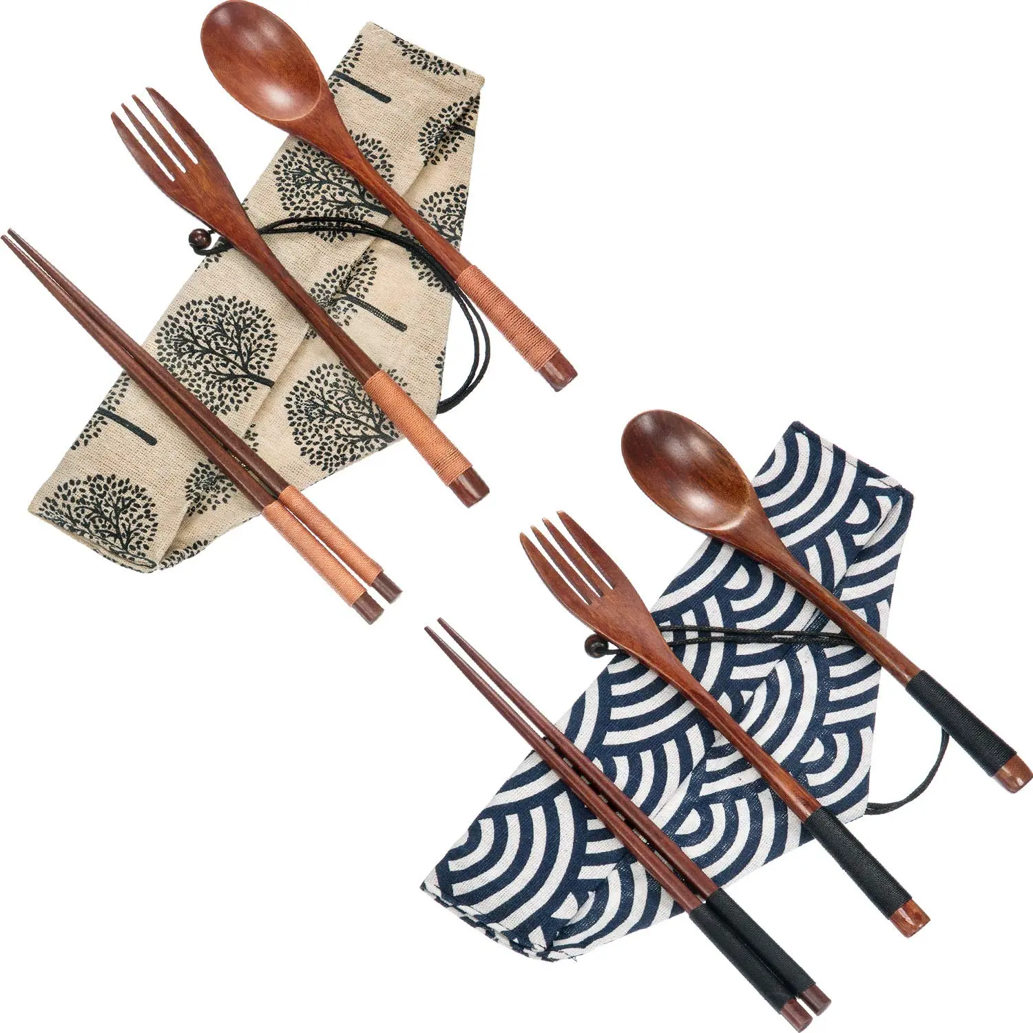 2 Sets Wooden Utensil Set,Travel Utensils for Eating,Wooden Fork Spoon Chopsticks,Reusable Portable Flatware Cutlery Set,Tied Line Flatware with Pouch for Lunch Camping Traveling,Hand Tools Kits