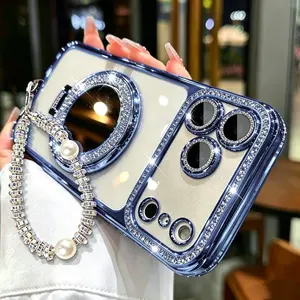 Chic Phone Case with Matching Wrist Bracelet & Built-in Mirror Stand for iPhone 12/13/14/15/16/17 Pro Max,17Air,14/15/16 Plus – Glossy Frame & Lens Ring Detail, Cute Protective Phone Shell with Hand Strap