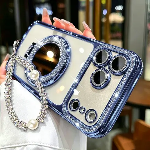 Glossy Frame Smartphone Case - Protective Casing with Handle, Matching Wrist Bracelet, Built-in Mirror Stand, Hand Strap, Lens Ring Detail for iPhone 12/13/14/15/16/17/18 Pro Max, 13 Pro Max, 17 Air, 14/15/16 Plus, Cellphone Cover for Protection
