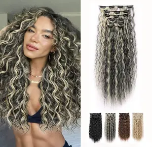 Corn Wave Clip In Hair Extensions 22 Inch, Platinum Blonde Highlight Synthetic Hair Extensions, Glueless Full Head Hair for Women