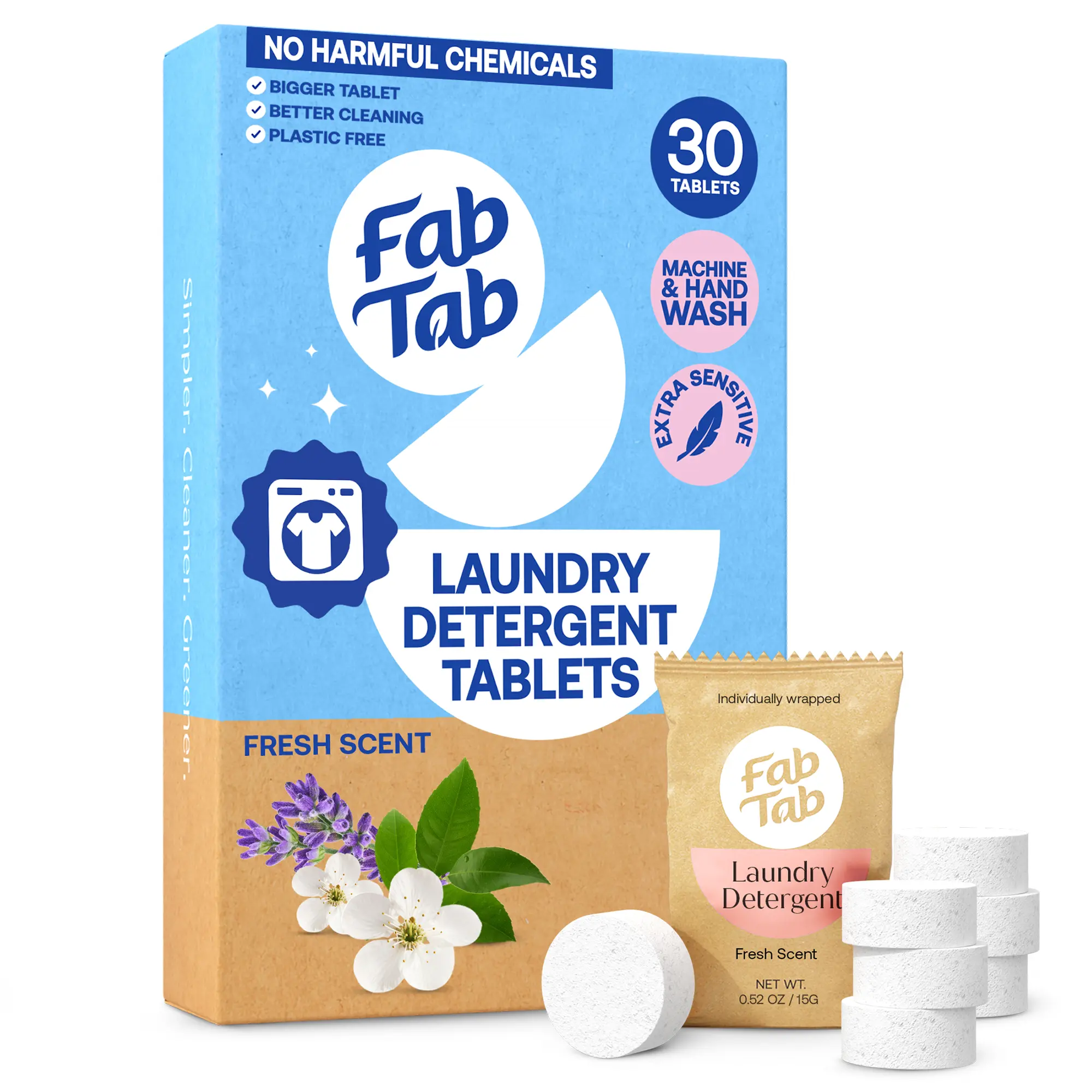 FABTAB Natural Laundry Tabs - Plant-Based, Plastic-Free Detergent, Safe for Kids, Pets, and All Washing Machines, Convenient Alternative to Pods and Sheets, 30 Non-Toxic Loads
