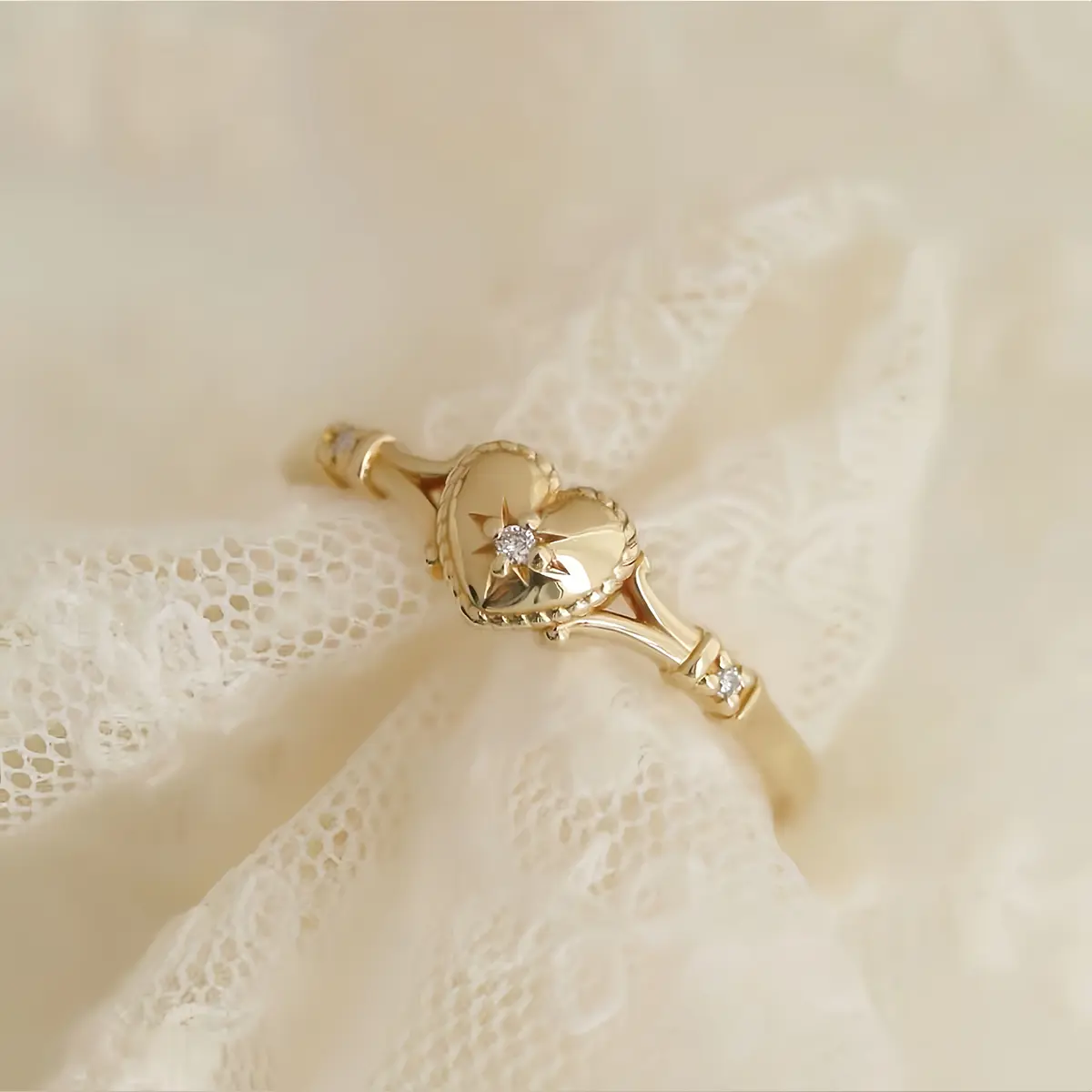 14K Gold Plated Vintage Heart Ring for Women, Dainty Stackable Promise Ring, Valentines Day Engagement Birthday Gift