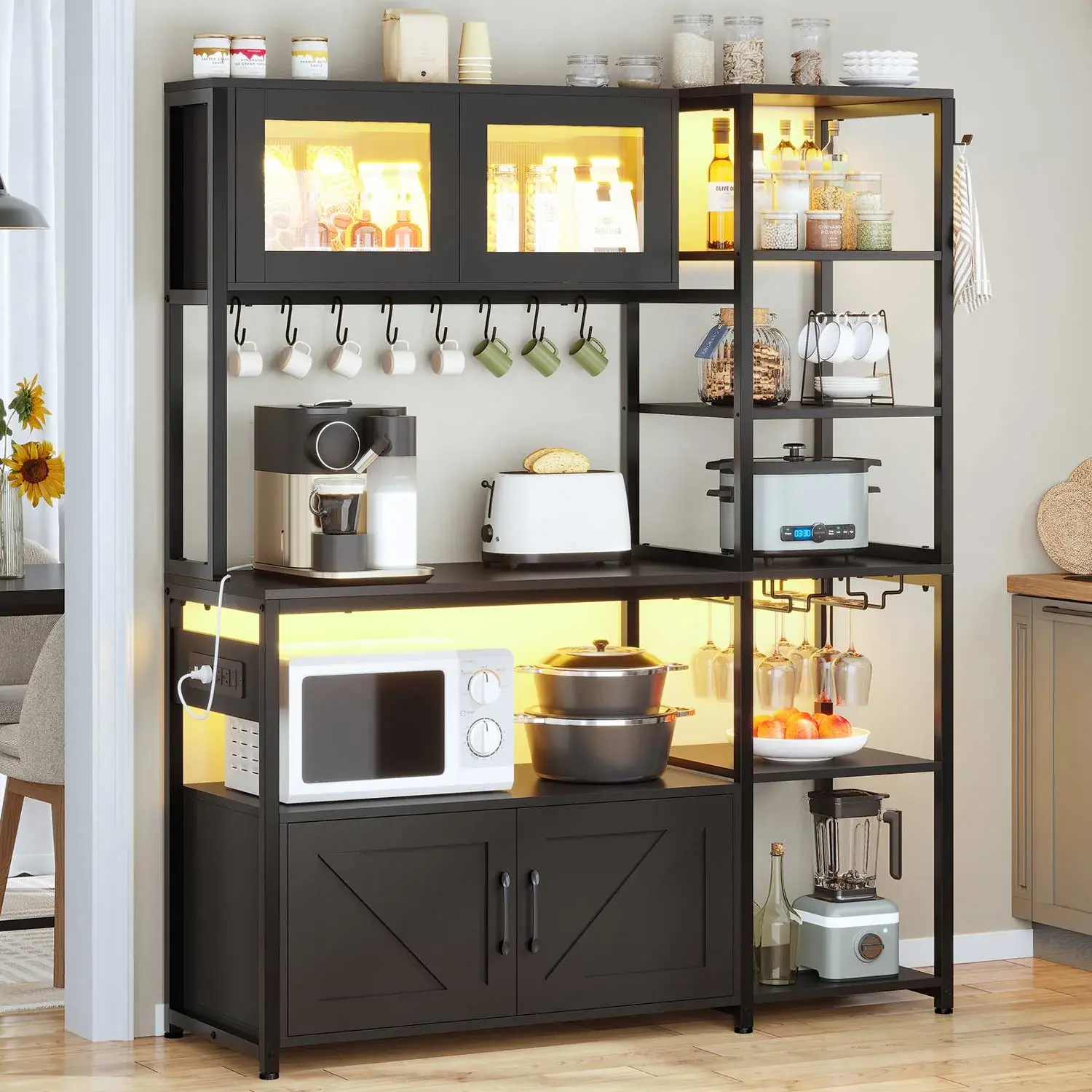 SIKAIC 45.3 In Farmhouse Wood Coffee Bar - Black Sideboard Buffet Cabinet with 2 USB Charging Ports, 4 AC Outlets, 29 Flashing Modes RGB LED Light Strip, Storage Dresser Cabinet, Requires Assembly