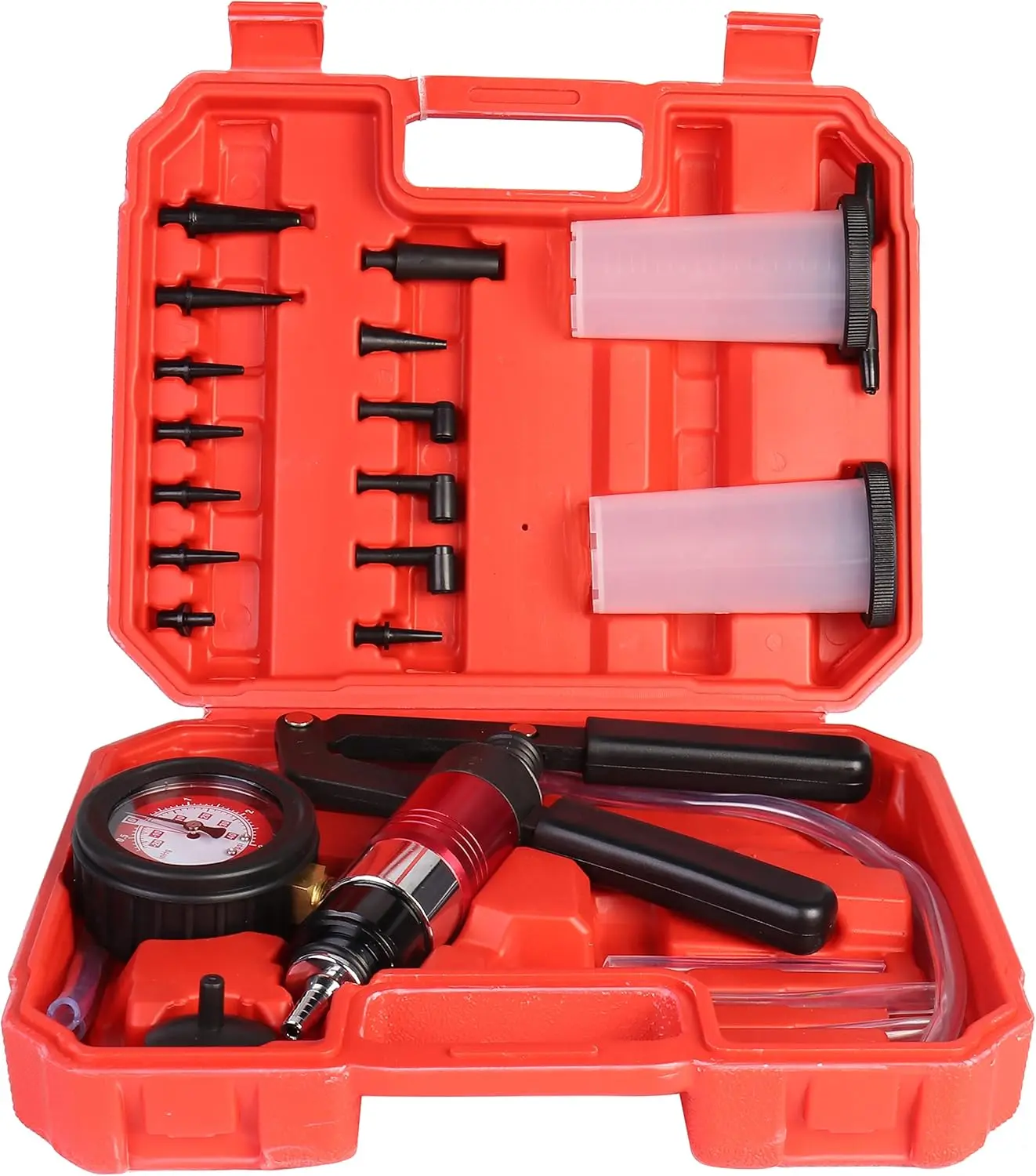 21pcs Hand Held Vacuum Pump Tester & Brake Bleeder Kit with Adapters and 2 Reservoir Bottles Automotive Brake for Automotive, Gauge Adapters