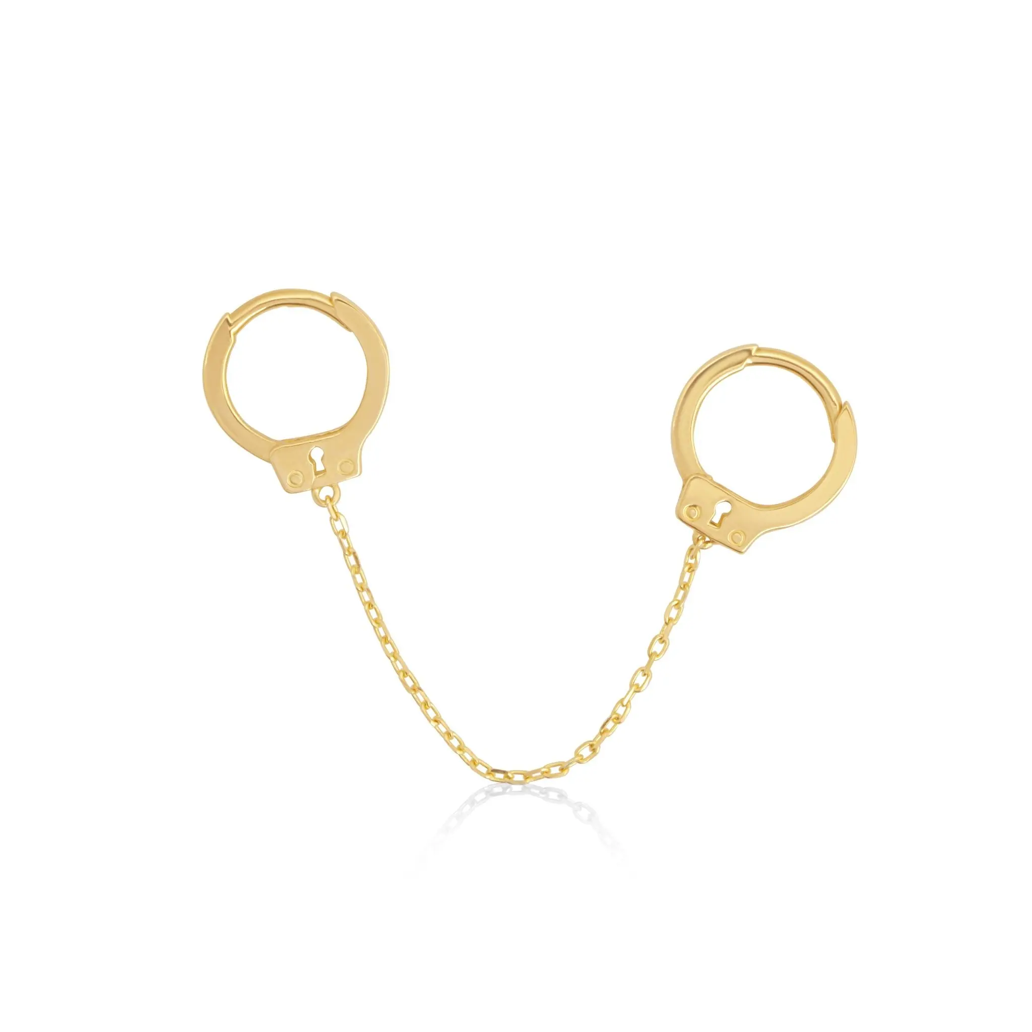 Handcuff Double Hoop Earring with Chain in Solid 14k Yellow Gold