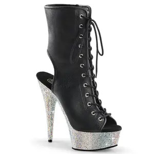 Women's 6-Inch Platform Heel Footwear, BEJEWELED-1016-6 Black PU Lace Boot