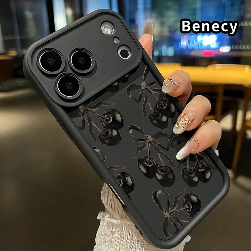 Phone Case for iPhone 17 Pro Max 16 Plus 15 14 13 12 11 Air E Black Cherry  Pocket-Friendly Shockproof Silicone Protective Softcase