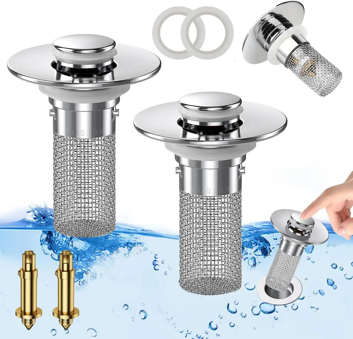 Stainless Steel Pop-Up Sink Drain Stopper with Brass Bouncing Core, Built-In Hair Filter Basket for Easy Cleaning, Multi-Size Universal Plug for Bathroom Bathtubs