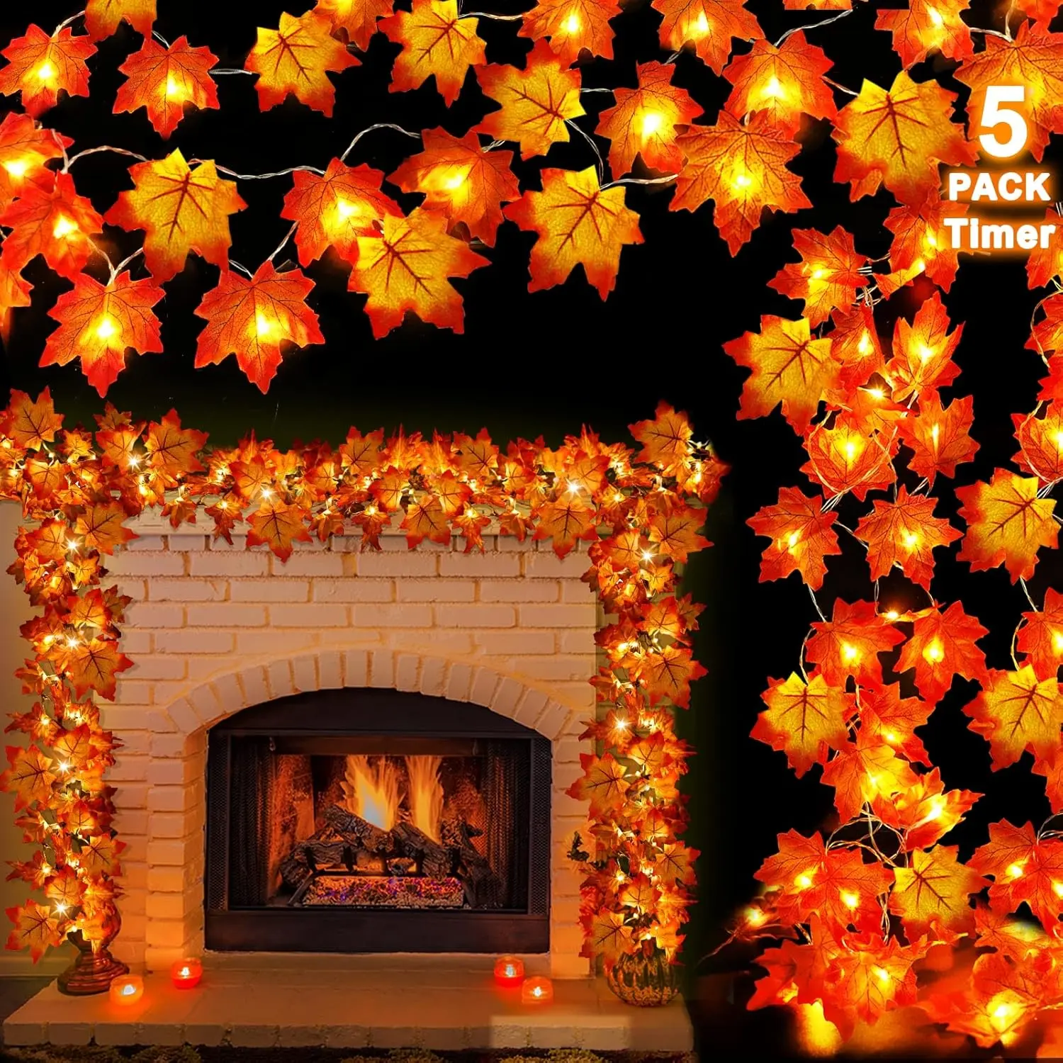 Timer - 5 Pack Fall Decor Fall Garland Lights Total 100LED 50Ft Enlarged Maples Leaf Garland String Lights Battery Operated Autumn Garland Thanksgiving Decorations for Home Indoor Halloween Christmas