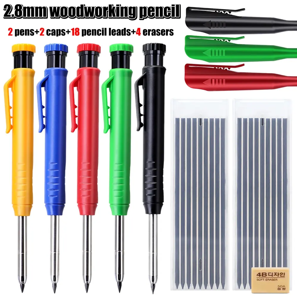 10pcs/set High quality plastic clip 2.8mm woodworking pencil set,  2B lead is not easy to break, used for deep hole marking/engineering drawings/drilling tool pen users, Measuring Marking Tool