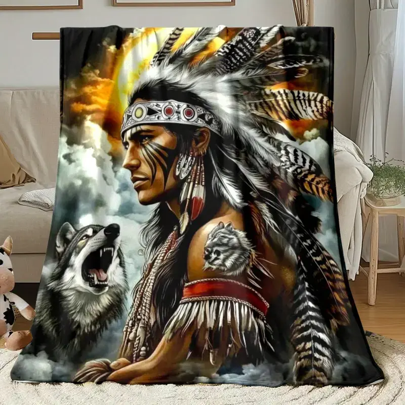 Native American Warrior and Wolf Tribe Print Blanket Brown and Blue Southwestern Style Design Soft Flannel Fabric Lightweight All Season Bedspread Sofa Blanket Camping Shawl Machine Washable Comfortable Home Travel Blanket Air Conditioning Summer