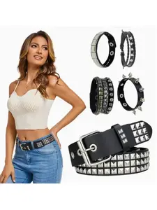 5pcs Studded Belt & Bracelet Set - Gothic Punk Rock Metal Accessories Suitable for Jeans, Y2K Street Style Belt Buckle & Bracelet for &, Retro for Night Outfits, Concerts, Casual Wear