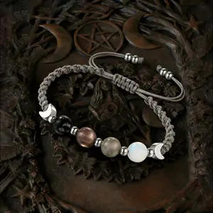 Witchy Natural Crystal Beaded Bracelet - Mixed Obsidian, Smoky Quartz, Labradorite Moonstone Dark Gradient Soft Cord Jewelry for Spiritual Healing, Emotional Balance, Daily Wear & Witchy Style