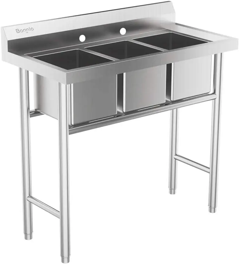 ROVSUN 3-Compartment NSF 304 Stainless Steel Utility Sink Commercial Grade Laundry Tub Culinary Sink for Outdoor Indoor, Garage, Restaurant, Kitchen, Laundry/Utility Room - 39” W x 18” D x 40.2” H