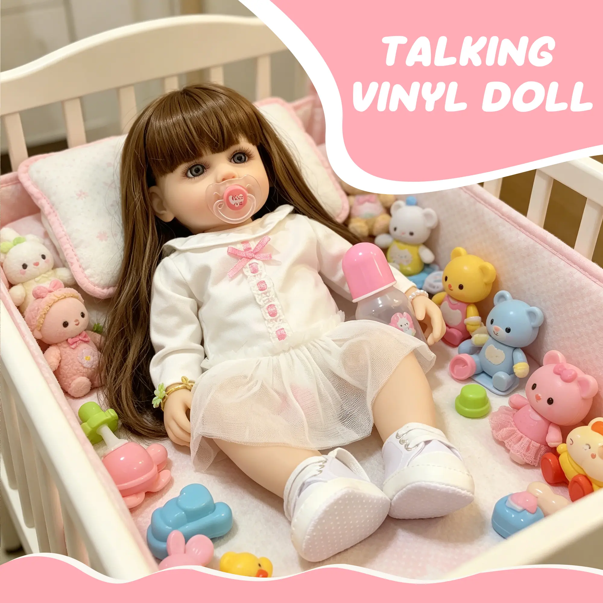 KIDZBUILD NO.1  22-Inch Realistic Interactive Reborn Baby Girl Doll - Cry & Talk Sounds, Brown Hair, 8-Piece Accessories, Ideal Birthday Gift for Kids’ Pretend Play