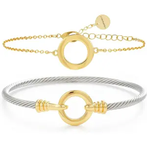Two Tone Cable Bracelet for Women, Mixed Metal 14K Gold Silver Plated Bracelet, Twisted Cable Wire Bracelet Set, Chunky Link Chain Bracelet with T Bar Clasp