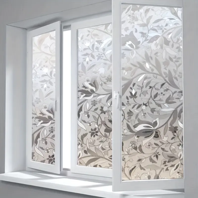 1 Roll 3D Colorful Privacy Window Film | Static Cling Self-Adhesive Glass Covering Film, Transparent Semi-Opaque with Decorative Elegant Print Pattern Design, Suitable for Office and Bathroom Decoration, Removable PET/PVC Leaf Design, 9mm Thick