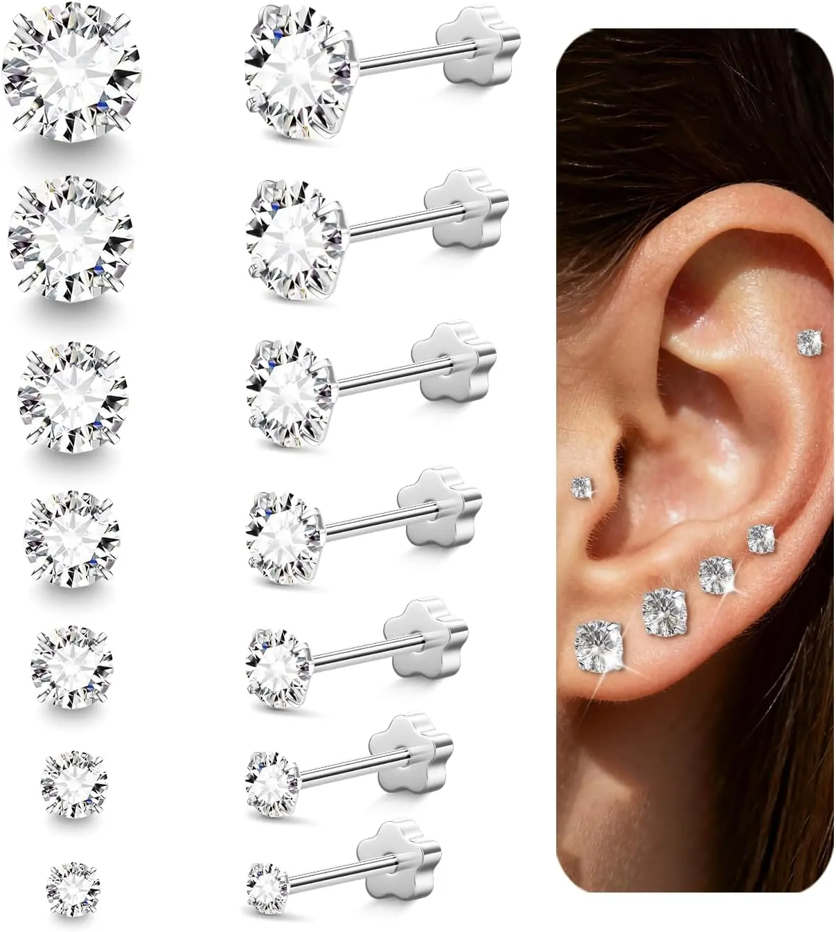 7 Pairs  Stud Earrings Stacks Set for Women Men, 20G 14K  Plated Surgical Steel Flat  Earrings for  Ears,Shine Cubic Zirconia 2-8mm For Multiple