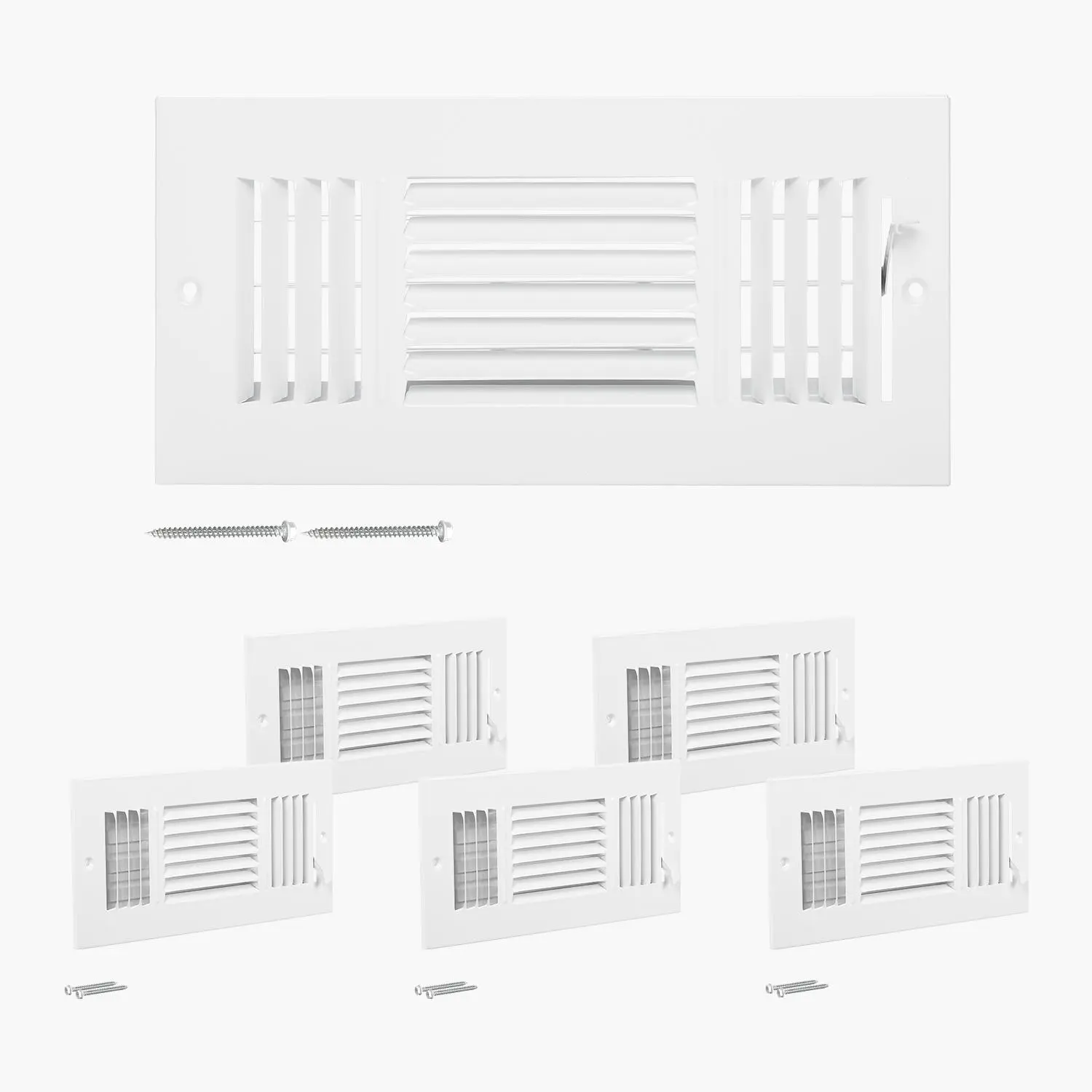 VEVOR 6-Pack 4x10 Inch Sturdy Adjustable Iron Floor Registers with Dampers, Metal Construction, 3-Way HVAC Vent Covers, Directed Unobstructed Airflow White Vent Grilles, Screws Included, Cleaning-Friendly (Renovation Essential), Set, Indoor, Clean, Hvac U