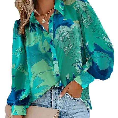 ZEAGOO Women's Blouse Casual Soft Printed Puff Sleeve, Button Down Long Lantern Sleeves for Work Office Vacation & Boho Style Daily Wear, Polyester Spandex Tops