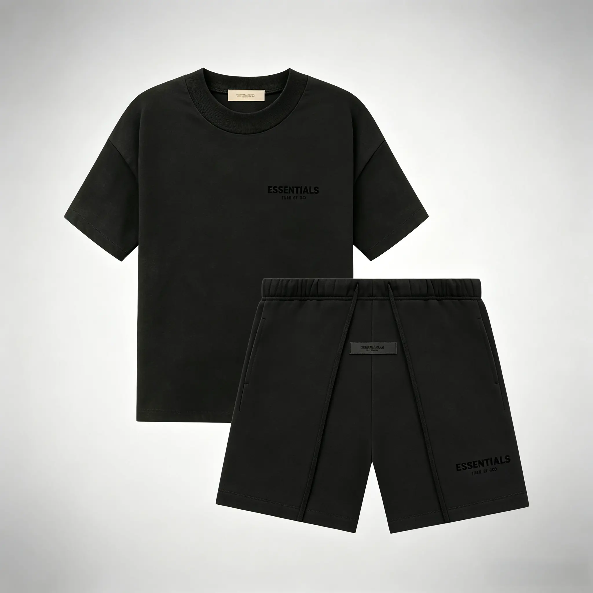 Fear of God Essentials SS22 Two Piece Co-Ord Outfit Set Stretch Limo Short Sleeve Crew Neck Tee Matching Black Casual Shorts Premium Streetwear Matching Set for Men & Women