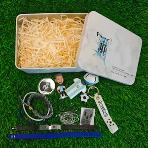 LM10 GOAT 11-in-1 Soccer Fan Gift Box Set - No.10 Blue & White Souvenir Bundle with Figure, Coin, Necklace, Rings, Keychain & 5 Wristbands