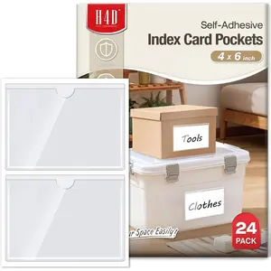 24 Pack Labels for Storage Bins, 4" x 6" Plastic Clear Adhesive Index Card Holders, Tote Label Pockets for Organizing Storage, Library Card, Shelves