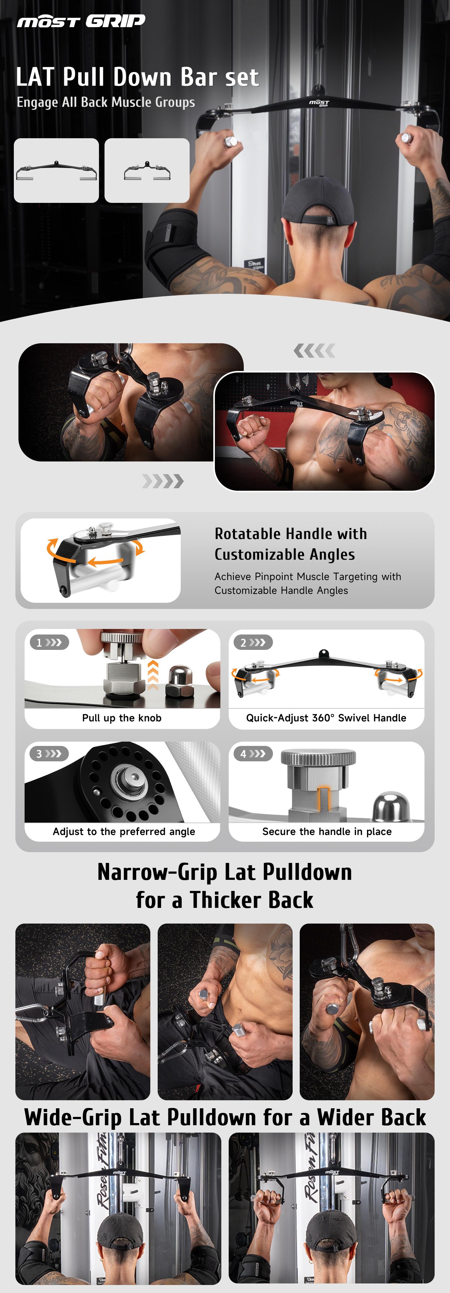 MOST GRIP Lat Pull Down Bar Set with 360° Rotatable Handles, Lat Pulldown Attachments for Whole Back Training, Heavy-Duty Locking LAT Pulldown Bars for Home Gym Cable