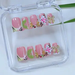Y2K Style 3D Flower & Hand Drawn Design Decor Duckbill Shaped Fake Nails, 10pcs/set Y2K Style Handmade Press on Nails for Women & Girls DlY Nail Art, Elegant Stick on Nails Kit, Duck Press On Nails, Nail Supplies