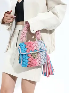Women's Colorblock Braid Design Crossbody Bag, Fashionable Tassel Decor Shoulder Bag for Daily Use, Casual Trendy Daily Commuting Bag, Fashionable Bohemian Bag, Handcrafted Bag, Fashionable Bags