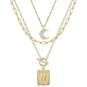 Layered Initial Necklaces for Women Trendy, 14K Gold Plated Simple Moon Choker Square Letter Pendant Necklace, Paperclip Chain Necklace, Gold Necklaces Jewelry Gifts