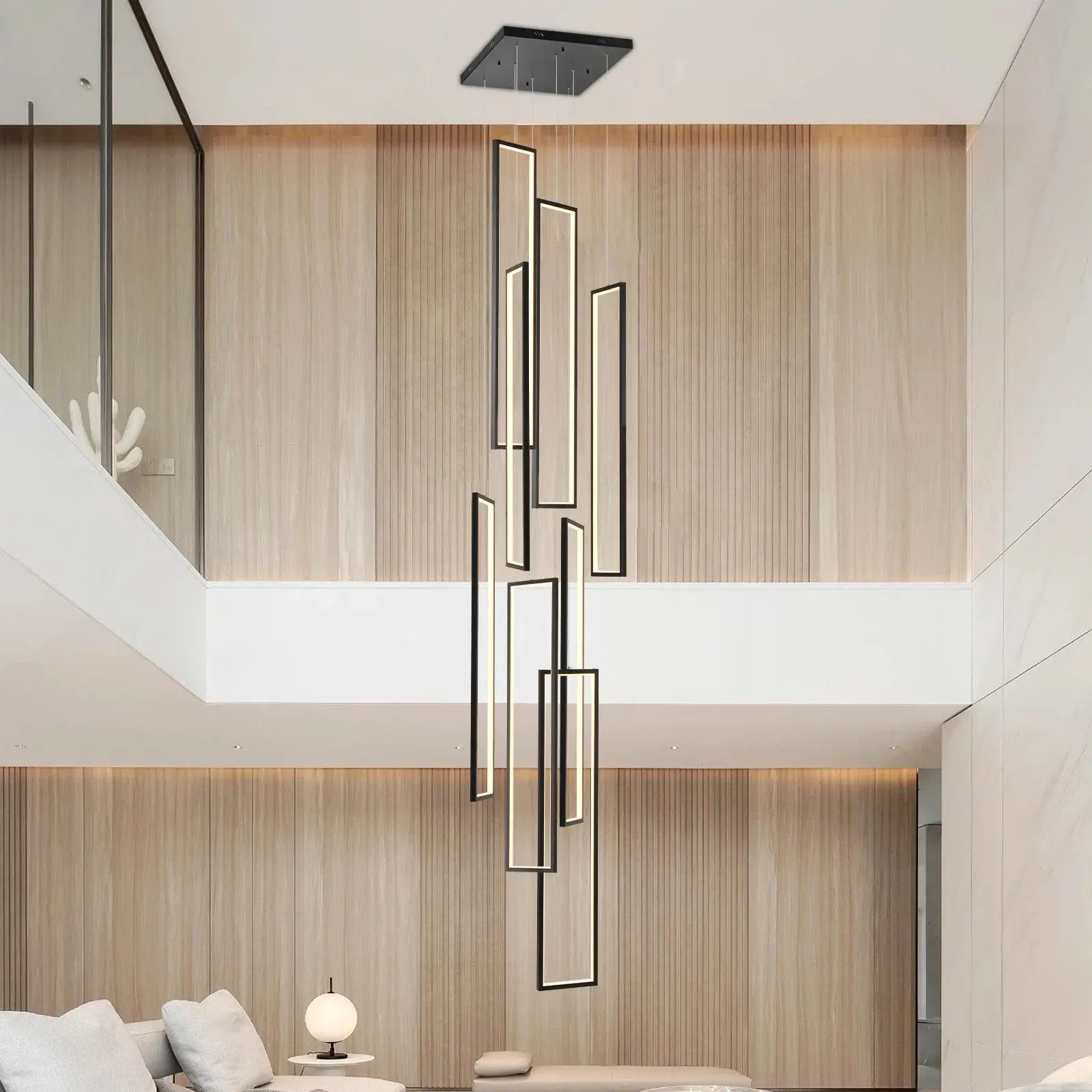 Garwarm 8-Light Rectangle LED Dimmable Pendant Lamp, Modern Long Staircase Chandelier for Home Improvement Indoor Lighting