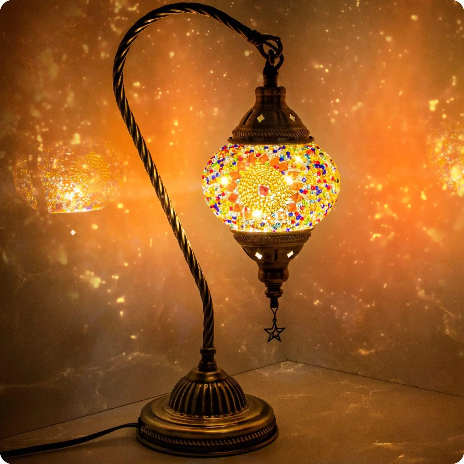 Turkish Moroccan Lamp with Bronze Base 3 Color Options Handmade Swan  Tiffany Mosaic Glass Bedside Lamps for Bedroom (LED Bulb Included)(4)