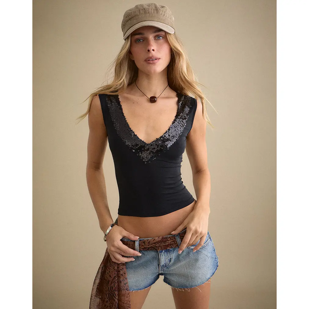 Nahia Top with Sequin Trim in Cupro Black